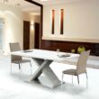 Étkezőasztal, fehér magasfényű HG/beton, FARNEL